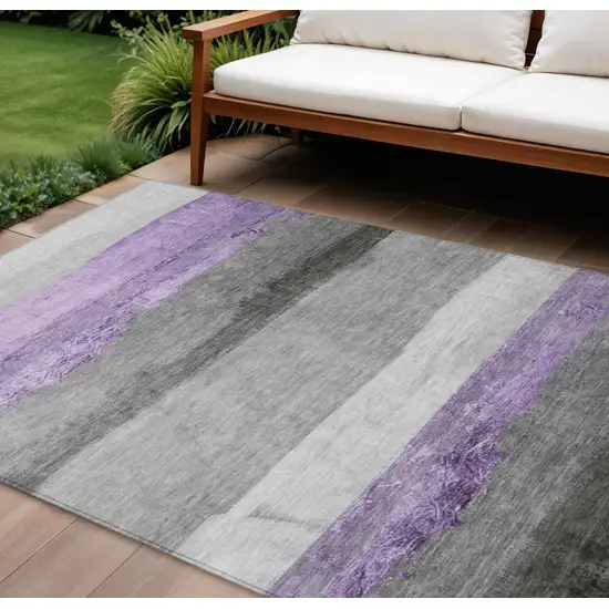 Lavender And Gray Striped Washable Indoor Outdoor Area Rug Photo 2