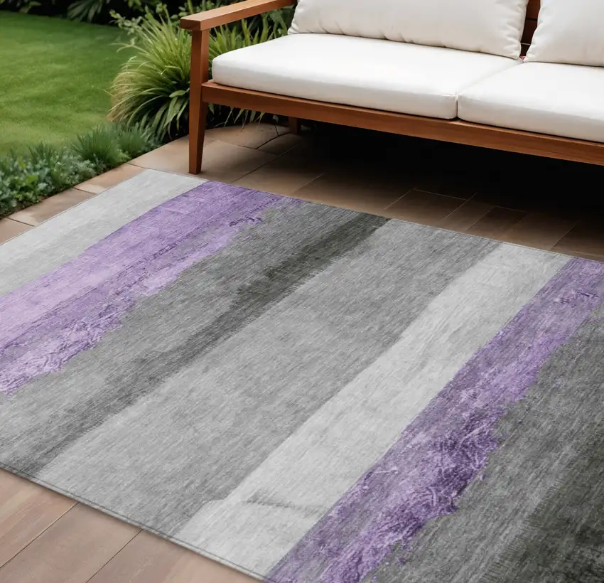 Lavender And Gray Striped Washable Indoor Outdoor Area Rug Photo 2