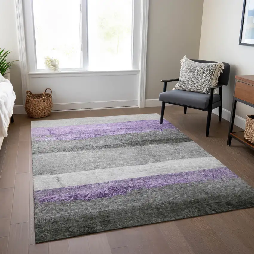 Lavender And Gray Striped Washable Indoor Outdoor Area Rug Photo 7