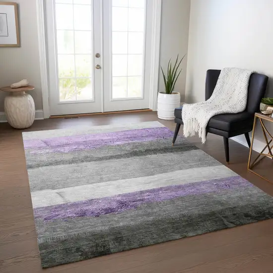 Lavender And Gray Striped Washable Indoor Outdoor Area Rug Photo 6