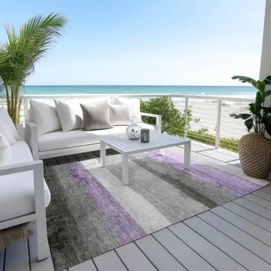 Lavender And Gray Striped Washable Indoor Outdoor Area Rug Photo 5