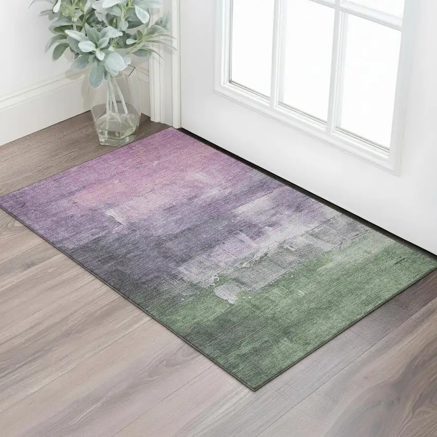 Lavender And Green Abstract Washable Area Rug With UV Protection Photo 2