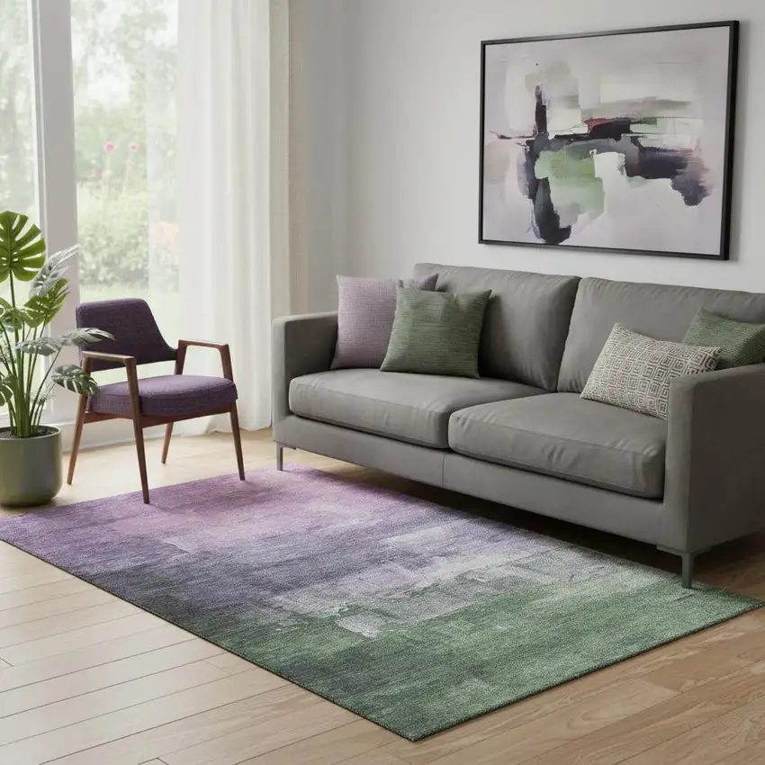 Lavender And Green Abstract Washable Area Rug With UV Protection Photo 2