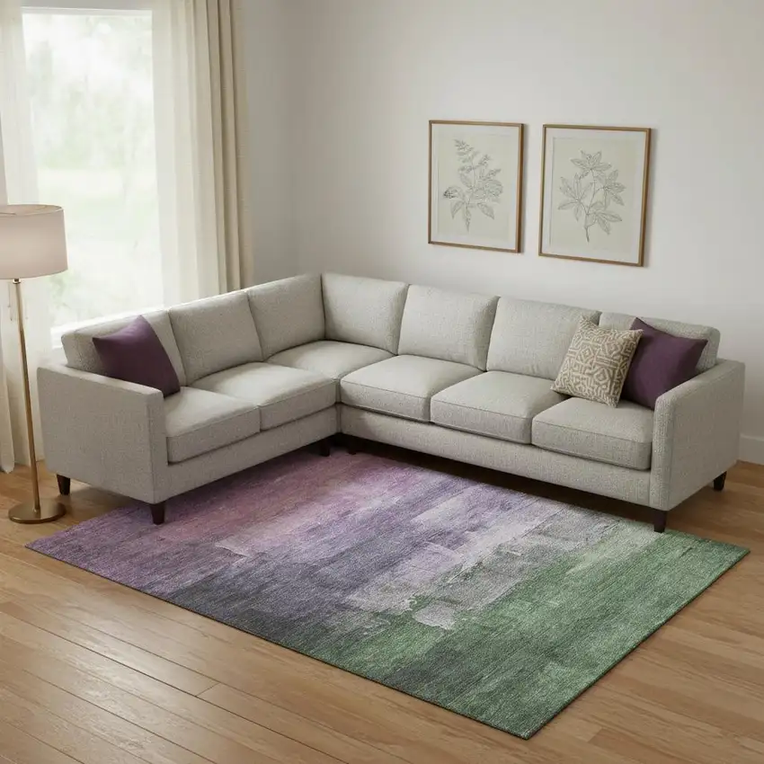 Lavender And Green Abstract Washable Area Rug With UV Protection Photo 2