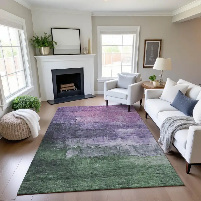 Lavender And Green Abstract Washable Area Rug With UV Protection Photo 4