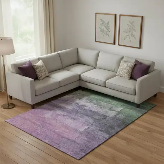 Lavender And Green Abstract Washable Area Rug With UV Protection Photo 2