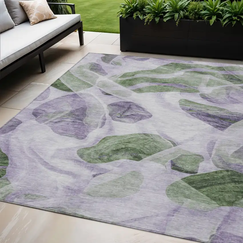 Lavender And Green Abstract Washable Indoor Outdoor Area Rug Photo 2