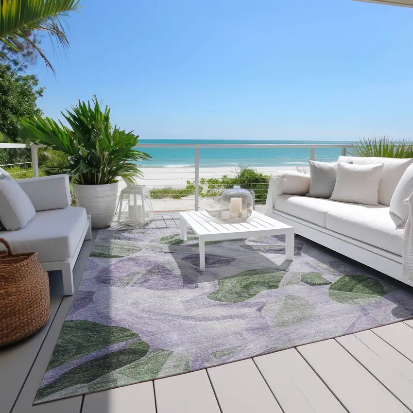 Lavender And Green Abstract Washable Indoor Outdoor Area Rug Photo 7