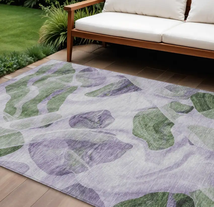 Lavender And Green Abstract Washable Indoor Outdoor Area Rug Photo 2