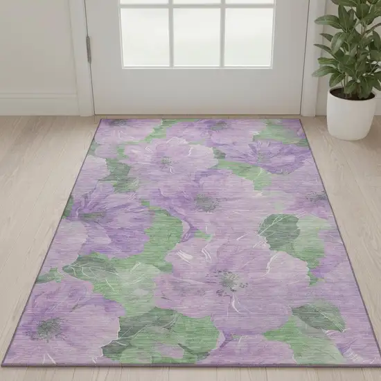 Lavender And Green Floral Washable Area Rug With UV Protection Photo 2