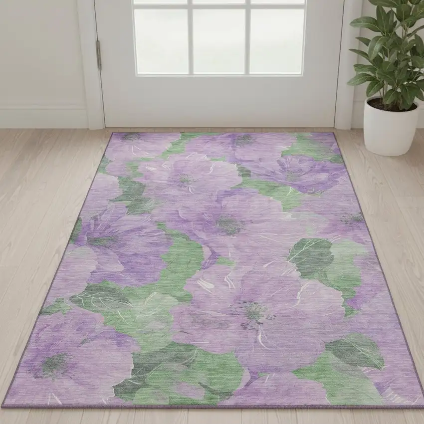 Lavender And Green Floral Washable Area Rug With UV Protection Photo 2