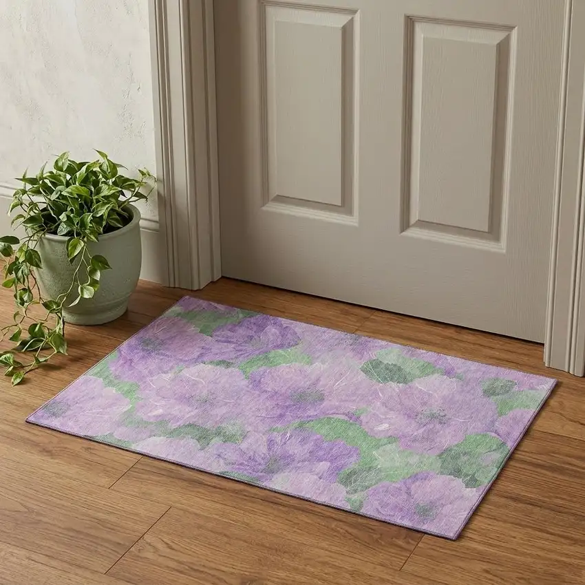 Lavender And Green Floral Washable Area Rug With UV Protection Photo 1