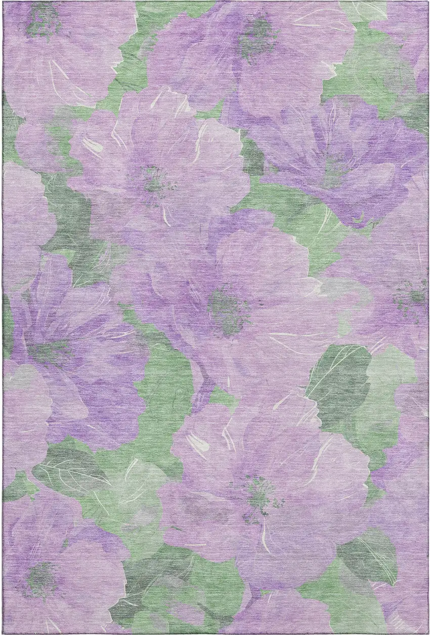 Lavender And Green Floral Washable Area Rug With UV Protection Photo 1