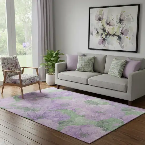 Lavender And Green Floral Washable Area Rug With UV Protection Photo 2