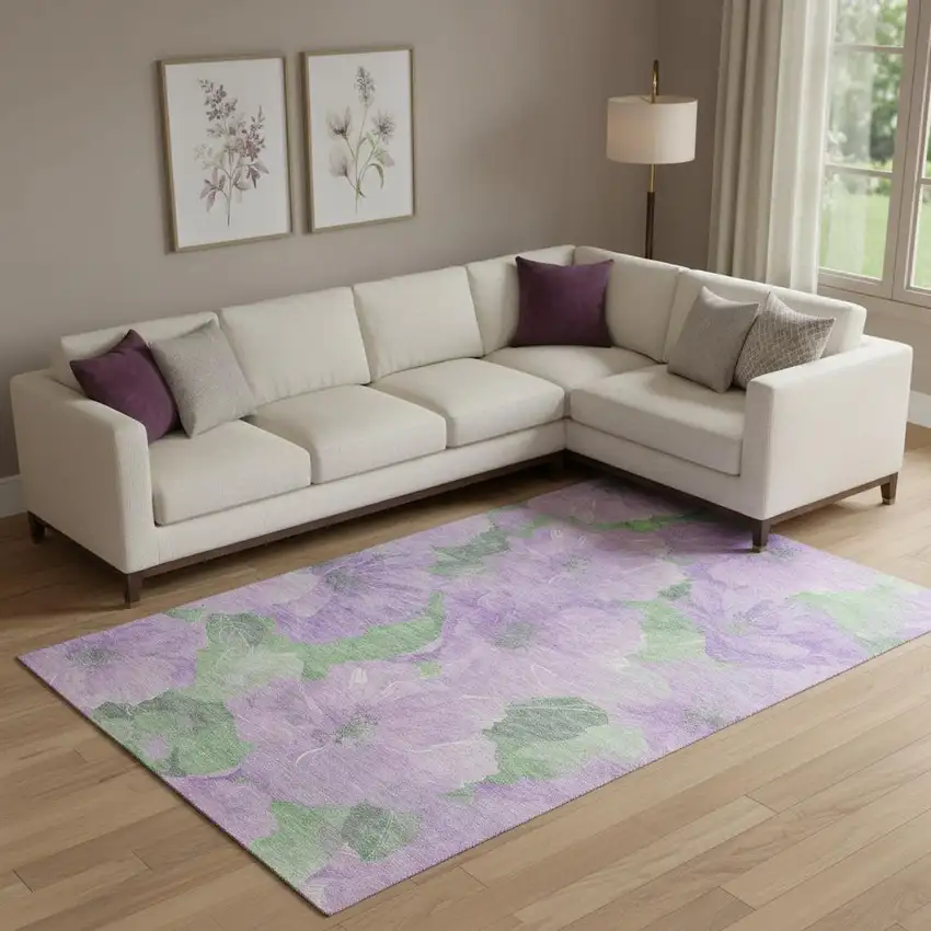 Lavender And Green Floral Washable Area Rug With UV Protection Photo 2