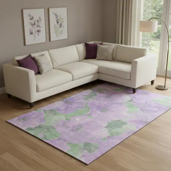 Lavender And Green Floral Washable Area Rug With UV Protection Photo 2