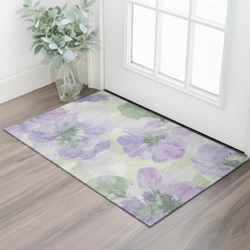 Lavender And Green Floral Washable Area Rug With UV Protection Photo 2