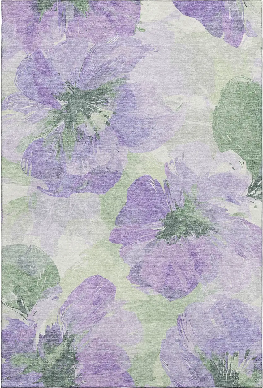 Lavender And Green Floral Washable Area Rug With UV Protection Photo 1