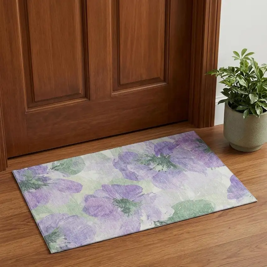 Lavender And Green Floral Washable Area Rug With UV Protection Photo 1