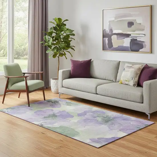Lavender And Green Floral Washable Area Rug With UV Protection Photo 2