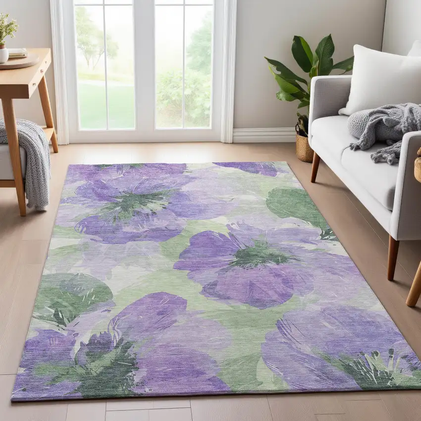 Lavender And Green Floral Washable Area Rug With UV Protection Photo 6