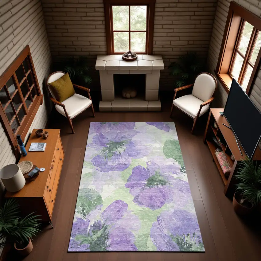 Lavender And Green Floral Washable Area Rug With UV Protection Photo 4