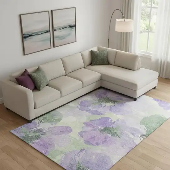 Lavender And Green Floral Washable Area Rug With UV Protection Photo 1