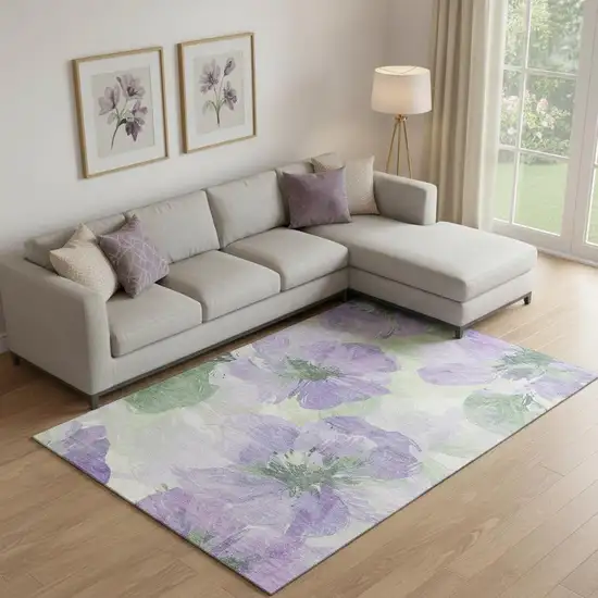 Lavender And Green Floral Washable Area Rug With UV Protection Photo 2