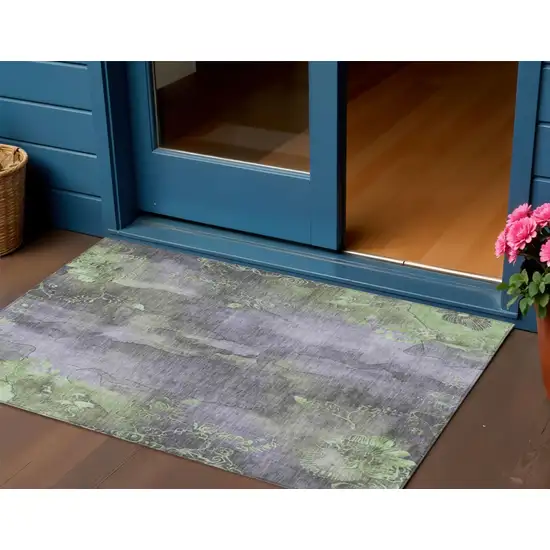 Lavender And Green Floral Washable Indoor Outdoor Area Rug Photo 2