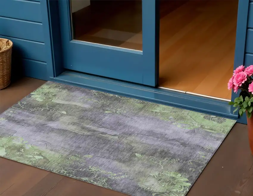 Lavender And Green Floral Washable Indoor Outdoor Area Rug Photo 2