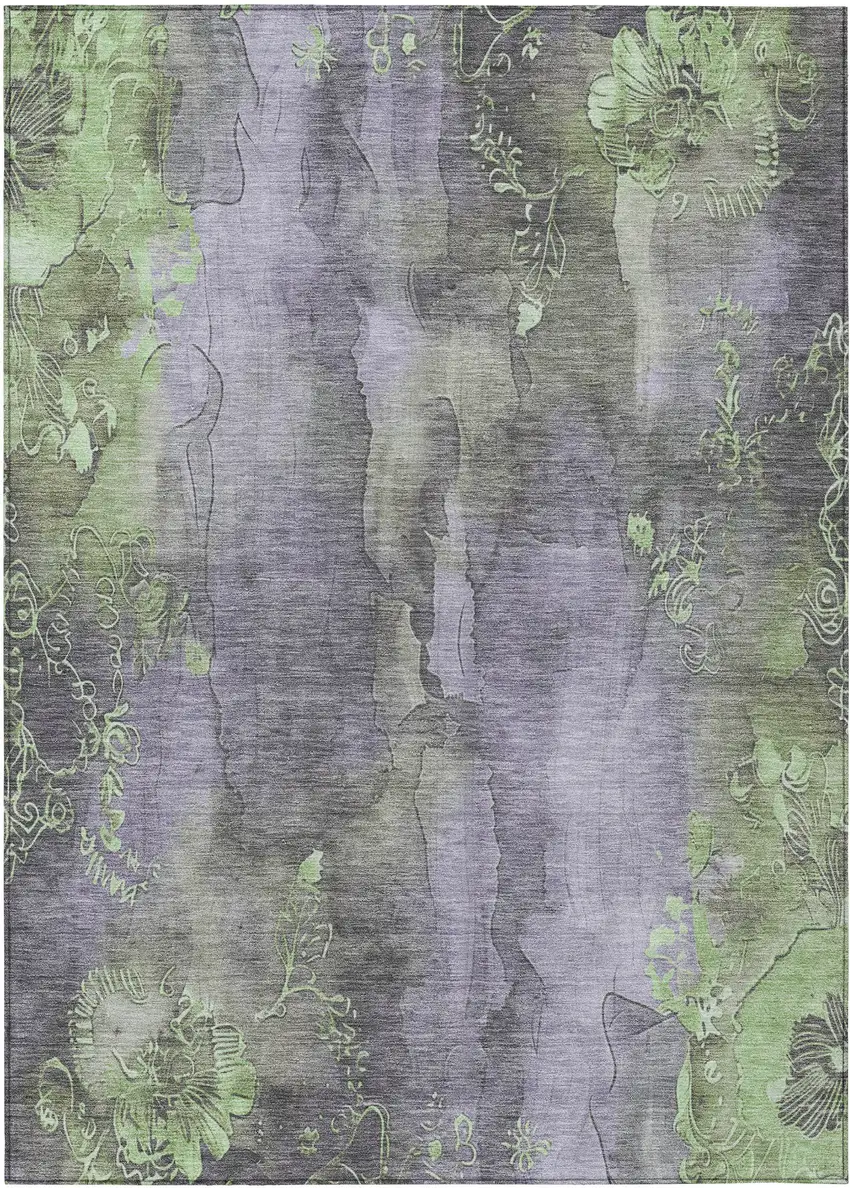 Lavender And Green Floral Washable Indoor Outdoor Area Rug Photo 1