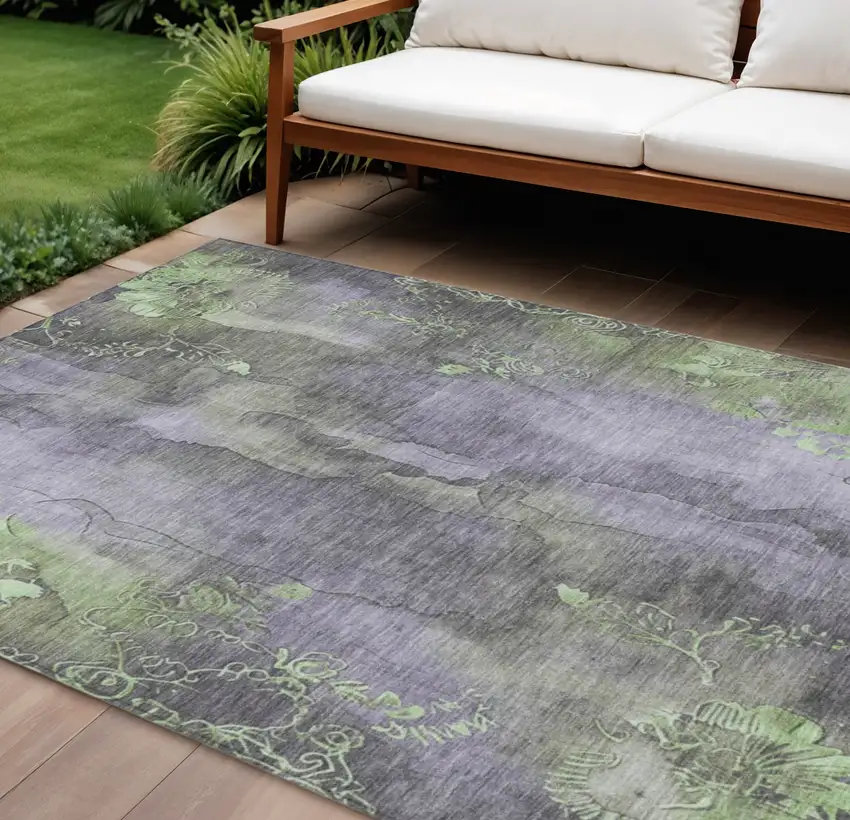 Lavender And Green Floral Washable Indoor Outdoor Area Rug Photo 2