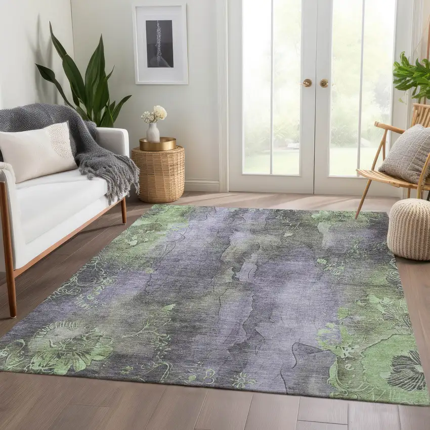 Lavender And Green Floral Washable Indoor Outdoor Area Rug Photo 6