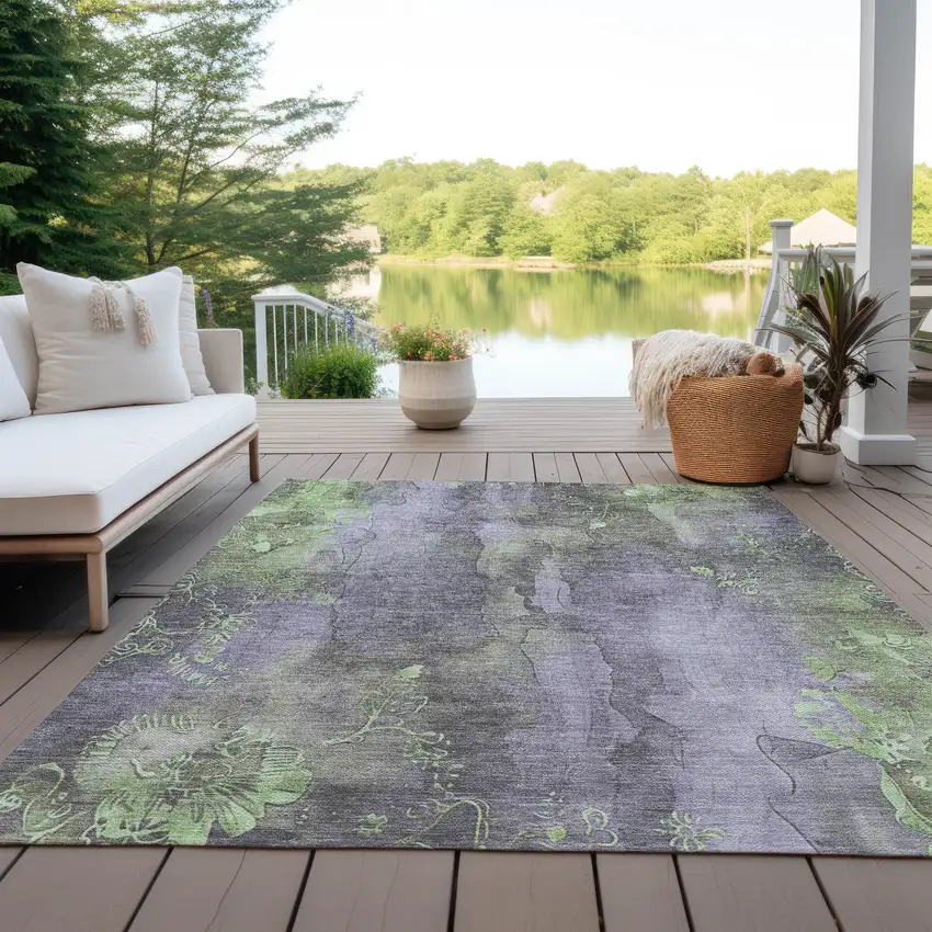 Lavender And Green Floral Washable Indoor Outdoor Area Rug Photo 4