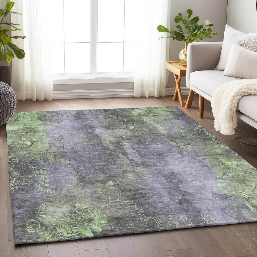 Lavender And Green Floral Washable Indoor Outdoor Area Rug Photo 5