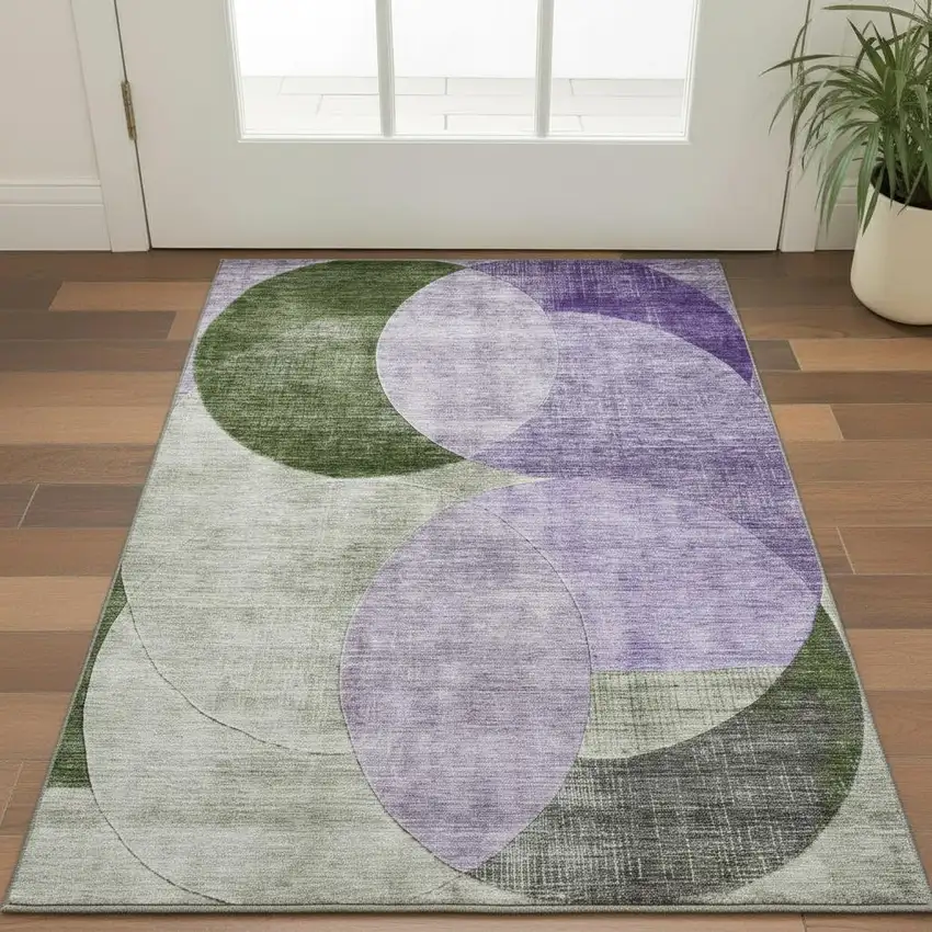 Lavender And Green Geometric Washable Area Rug With UV Protection Photo 2