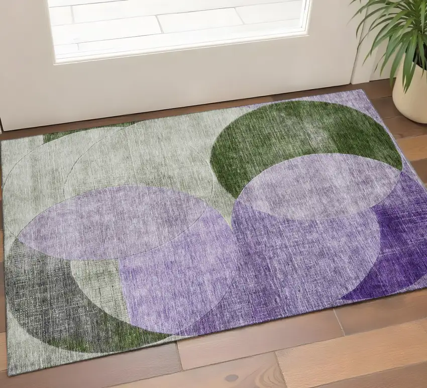 Lavender And Green Geometric Washable Area Rug With UV Protection Photo 1