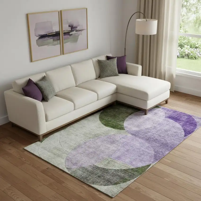 Lavender And Green Geometric Washable Area Rug With UV Protection Photo 2