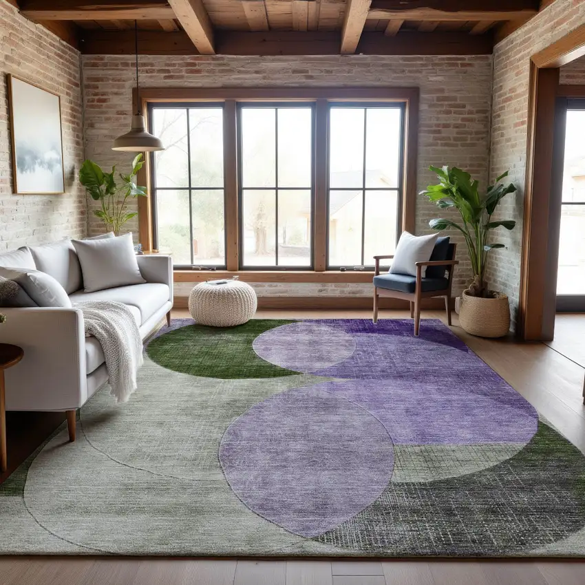 Lavender And Green Geometric Washable Area Rug With UV Protection Photo 4