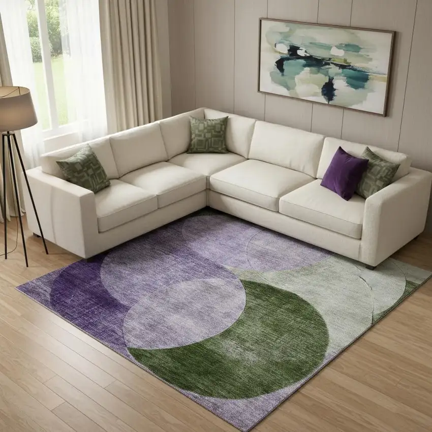 Lavender And Green Geometric Washable Area Rug With UV Protection Photo 2