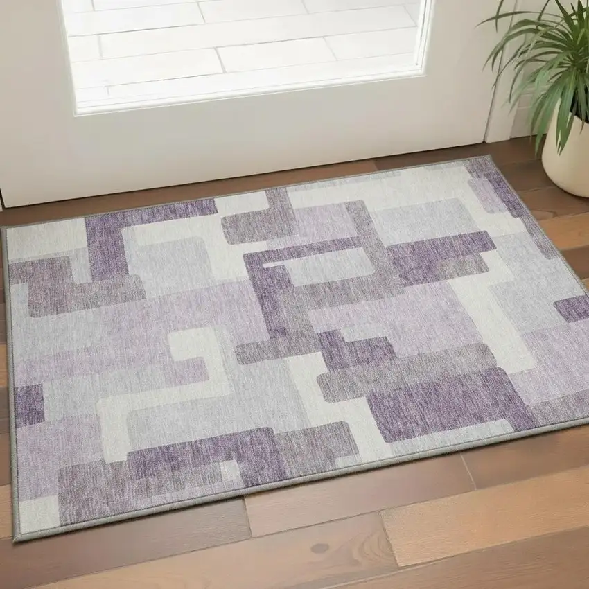 Lavender And Ivory Abstract Geometric Washable Area Rug With UV Protection Photo 2