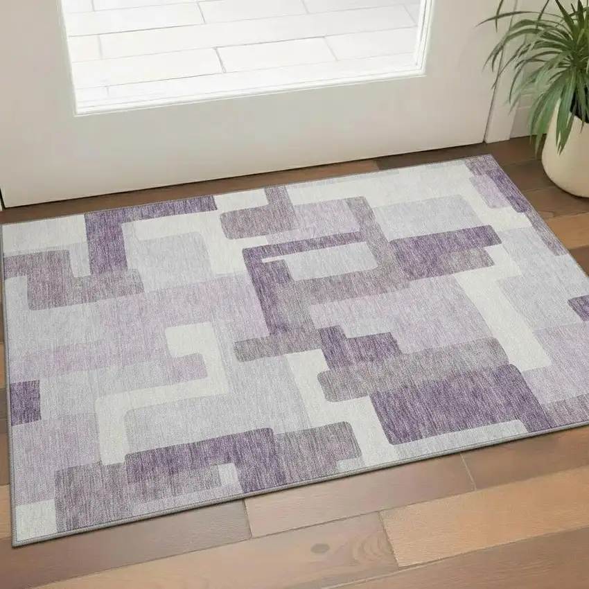 Lavender And Ivory Abstract Geometric Washable Area Rug With UV Protection Photo 1