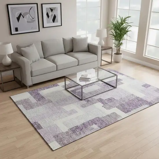 Lavender And Ivory Abstract Geometric Washable Area Rug With UV Protection Photo 2