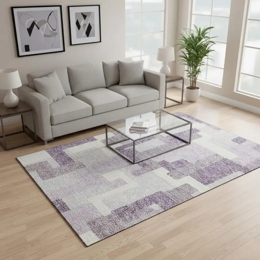 Lavender And Ivory Abstract Geometric Washable Area Rug With UV Protection Photo 2