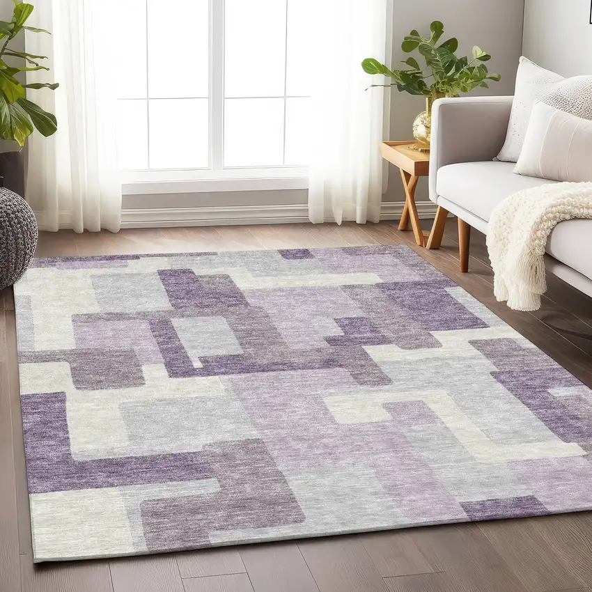 Lavender And Ivory Abstract Geometric Washable Area Rug With UV Protection Photo 5