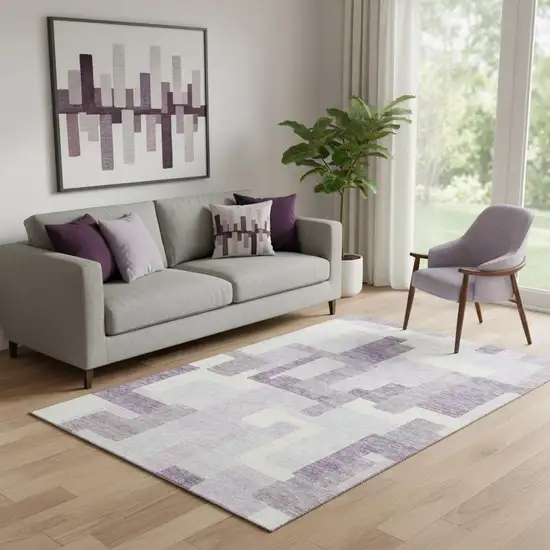 Lavender And Ivory Abstract Geometric Washable Area Rug With UV Protection Photo 1