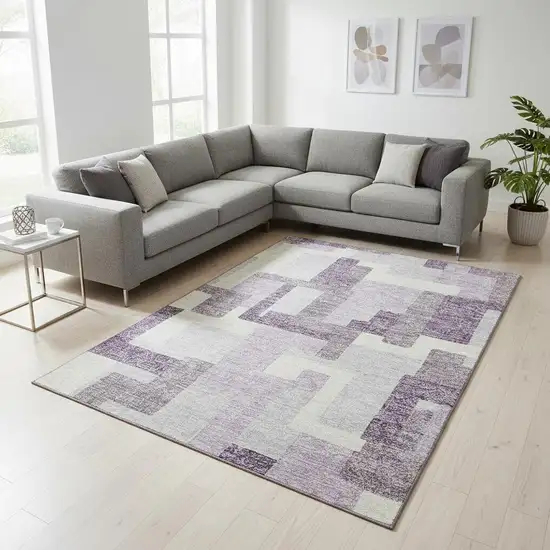 Lavender And Ivory Abstract Geometric Washable Area Rug With UV Protection Photo 2