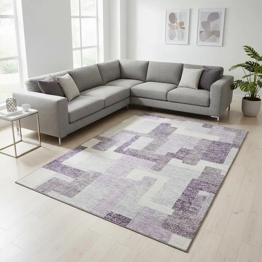 Lavender And Ivory Abstract Geometric Washable Area Rug With UV Protection Photo 2