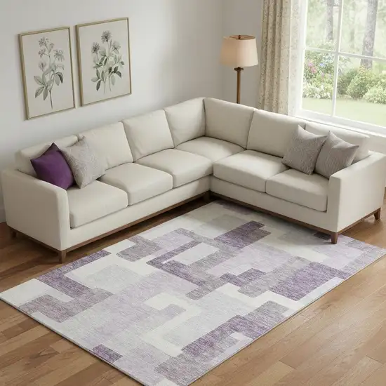 Lavender And Ivory Abstract Geometric Washable Area Rug With UV Protection Photo 1
