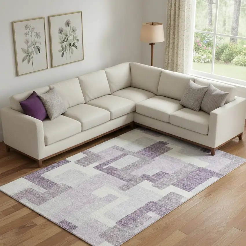 Lavender And Ivory Abstract Geometric Washable Area Rug With UV Protection Photo 1